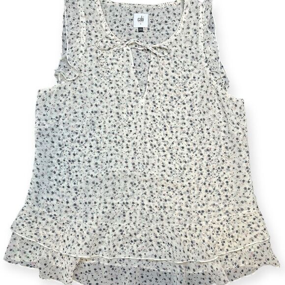 CABI Women’s Ivory Black Floral Wishful Sleeveless Ruffle Hem Tie Neck Blouse Si - Picture 3 of 7